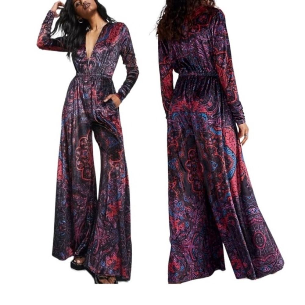 Free People Paisley Velvet Long-Sleeve Jumpsuit in Purple & Red